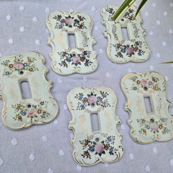 VTG Set of 5 Arnart Japan Porcelain Floral Light Switch Covers | Gold Gilt S7310 - Picture 14 of 14
